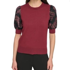 DKNY Mixed Media Puff Sleeve Sweater Leopard Office Siren Dark Femme Mobwife M